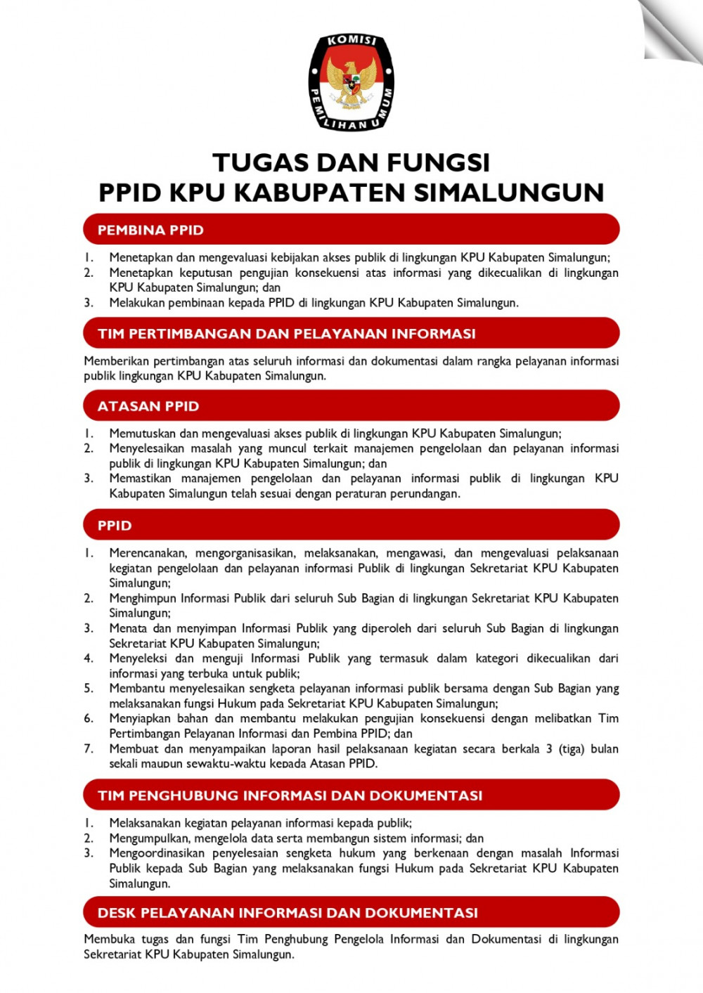 TUGAS DAN FUNGSI PPID KPU KABUPATEN SIMALUNGUN